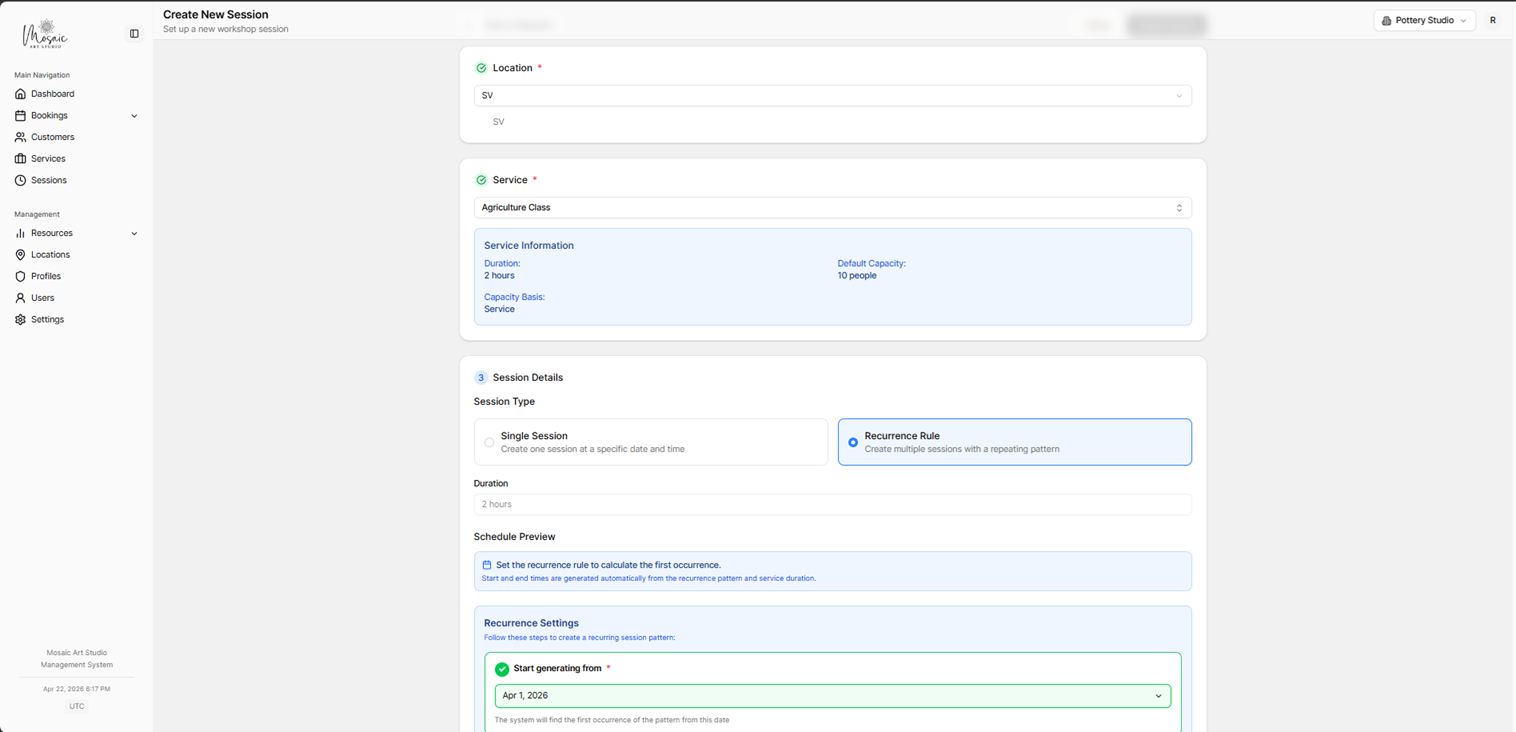 Session creation form - basic details